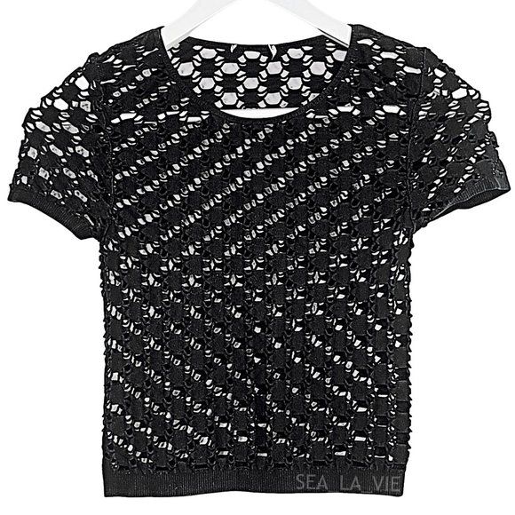 bebe Tops - Bebe Stretch Lace Mesh Short Sleeve Crop Top